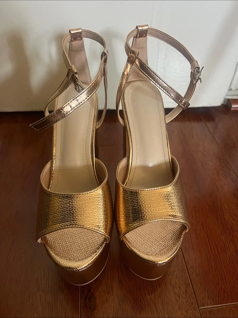 Gold Platform Strappy Disco Heels.
